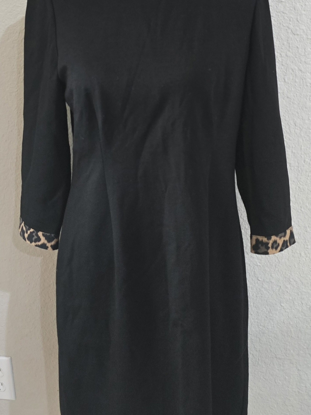 Talbots Black Shift Dress with Leopard-Print Cuff 8P